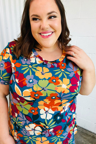 Teal & Maroon Flat Floral Print Top