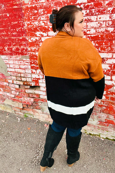 Layer Me Up Rust & Black Color Block Knit Open Cardigan