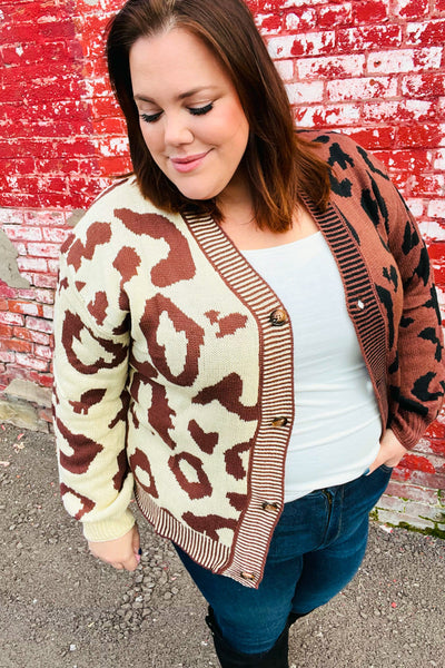 Taupe & Sepia Leopard Print Color Block Cardigan