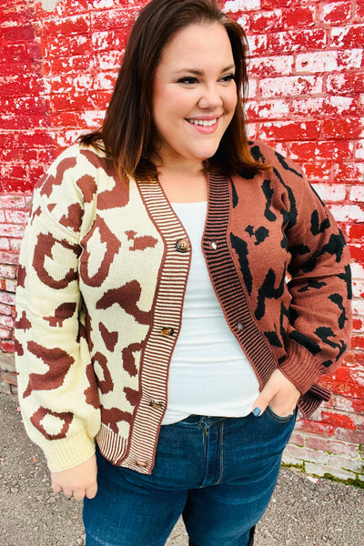 Taupe & Sepia Leopard Print Color Block Cardigan