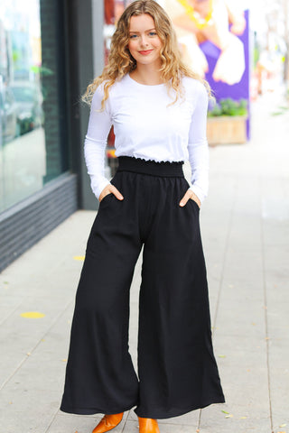 Relaxed Fun Black Smocked Waist Palazzo Pants