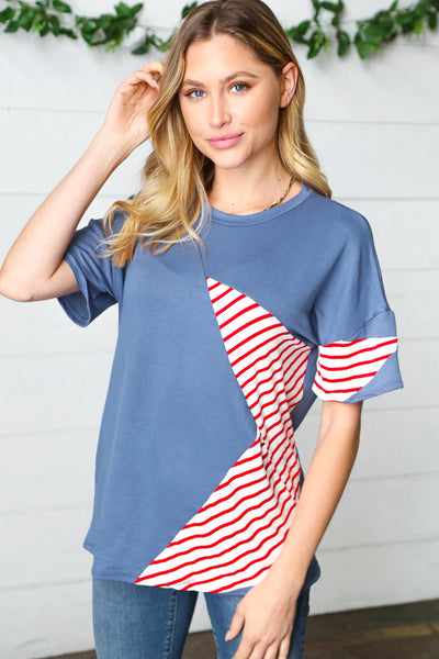 Red Striped Star Detail French Terry Patriotic Top