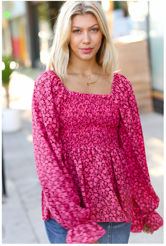 Always With You Fuchsia Smocked Ditzy Floral Ruffle Top