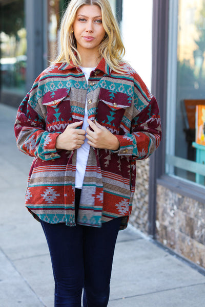 Holiday Aztec Flannel Textured Button Down Pocketed Shacket