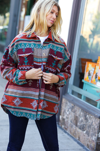 Holiday Aztec Flannel Textured Button Down Pocketed Shacket