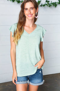 Sage Two Tone V Neck Ruffle Sleeve Top