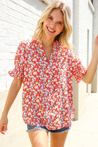 Elegant You Ruby Notched Neck Floral Smocked Sleeve Blouse